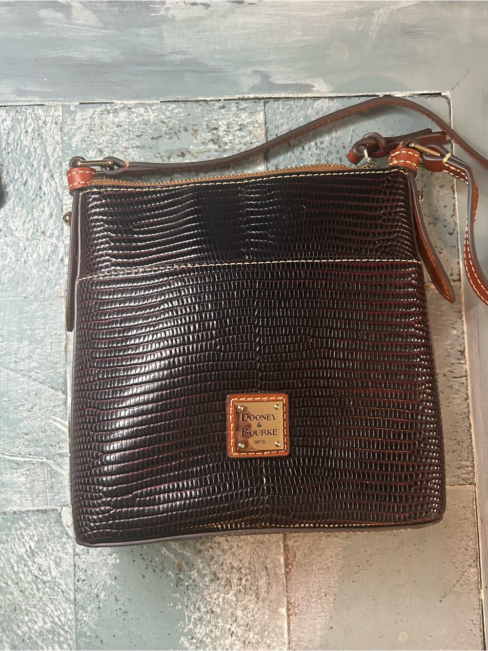 Dooney & Bourke Brown Lizard-Embossed Crossbody with Tan Trim